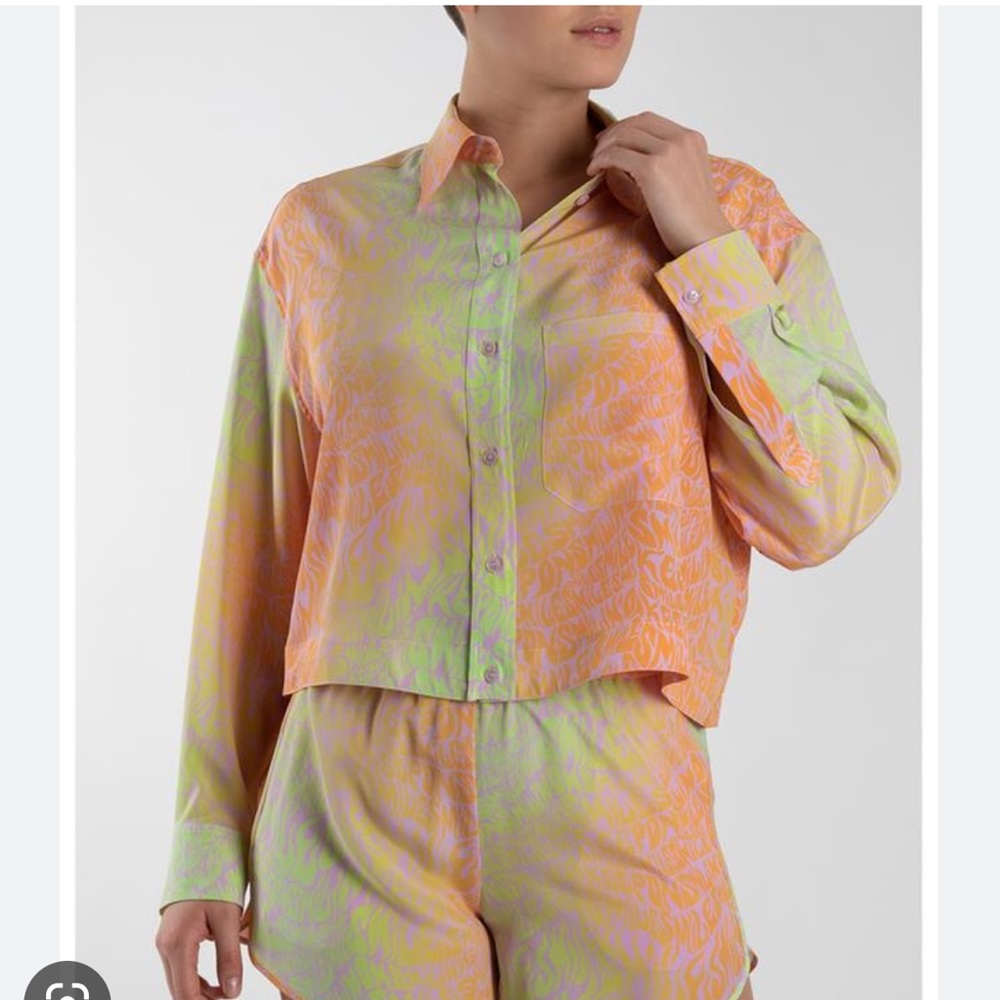 Stella McCartney Keep On Smiling Cropped Silk Shirt Orchid Neon Size 44 - Picture 4 of 14